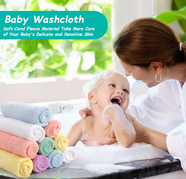 Baby Washcloths 24 Pack-Microfiber Coral Fleece Baby Bath Face Towel 7 x 9 Inch Extra Absorbent and Soft Burp Cloth and Wash Cloths for Newborn-Infants and Toddlers-Gentle On Sensitive Skin